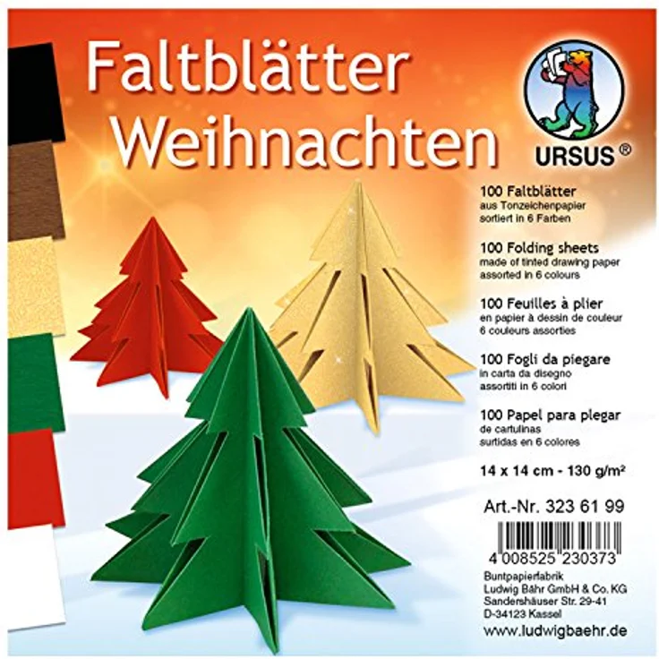 Ursus 3236199 Faltblätter Weihnachten, 100 Blatt Tonzeichenpapier 130 g/qm, durchgefärbt, 6 Farben, ca. 14 x 14 cm, hohe Farbbrillanz und Lichtbeständigkeit – Bild 1