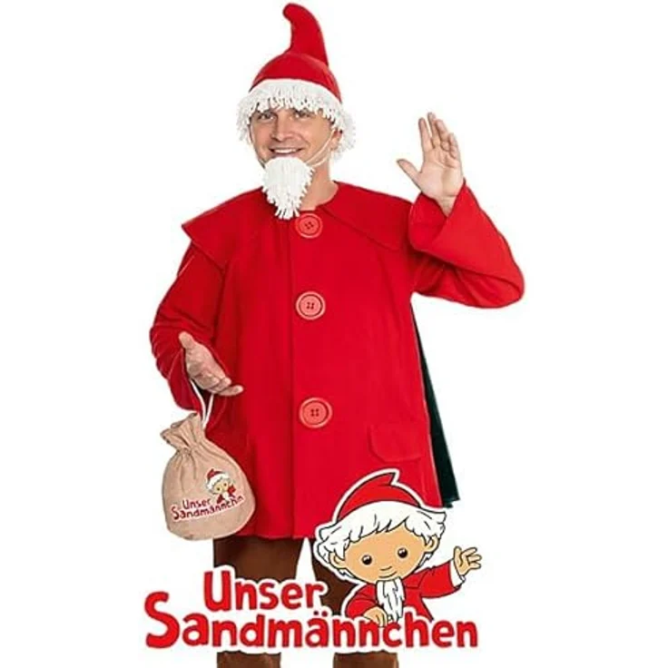 Maskworld Sandmännchen Kostüm für Erwachsene, Größe M, inklusive rotem Mantel mit grünem Cape, Zipfelmütze, Bart und Beutel, offiziell lizenziert für Karneval & Fasching – Bild 2