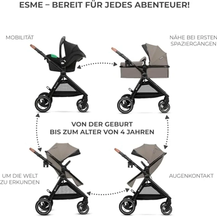 KinderKraft Esme 3-in-1 Kinderwagen, kompakt faltbar mit Ökoleder-Elementen, TPE-Gummirädern und Travel System-Funktion – Bild 3