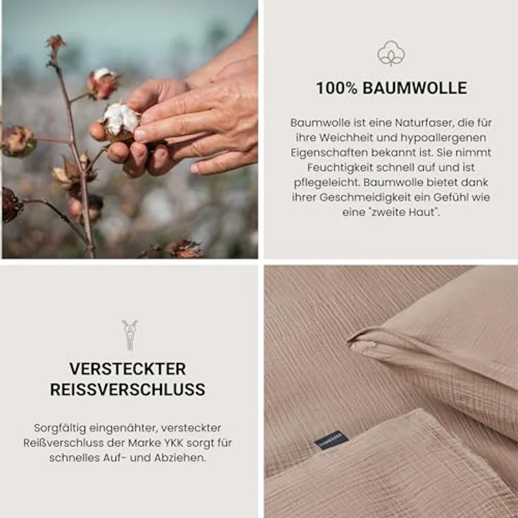 Schiesser Bettwäscheset Molly | 2-teilig | Musselin | 100% Baumwolle | Oeko-Tex Zertifiziert | Reißverschluss | Taupe – Bild 3