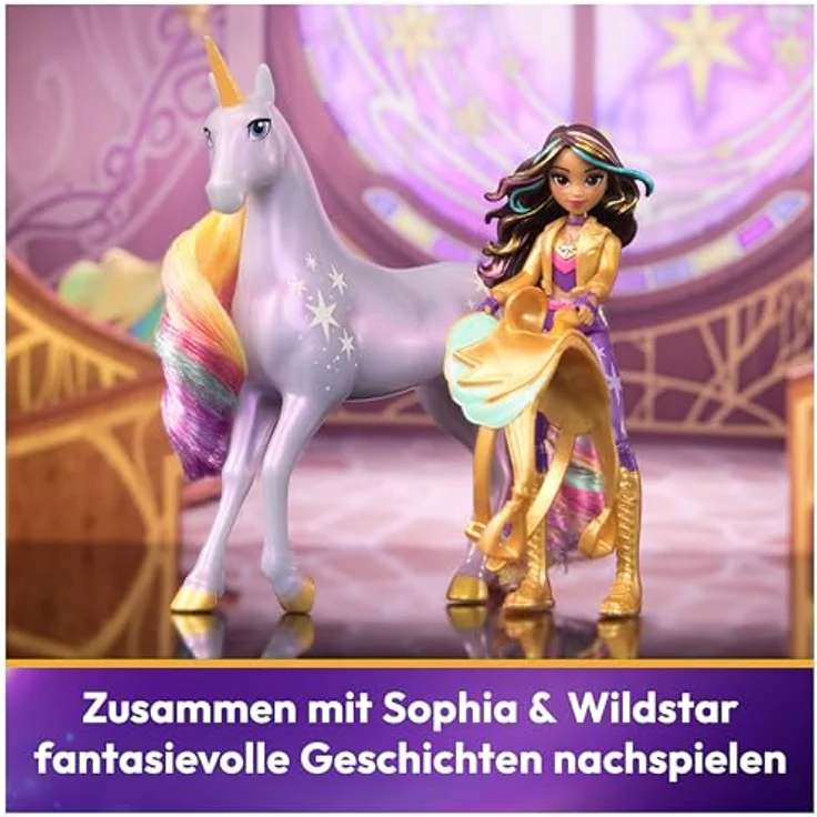 Spin Master Anziehpuppe Unicorn Academy - Small Doll & Unicorn - Sophia & Wildstar, 11 cm große Puppe mit 7 Artikulationspunkten, seidige Mähne und Schweif, abnehmbares Sattel und Zaumzeug, ab 4 Jahren, Ankleidepuppen-Maßstab – Bild 6