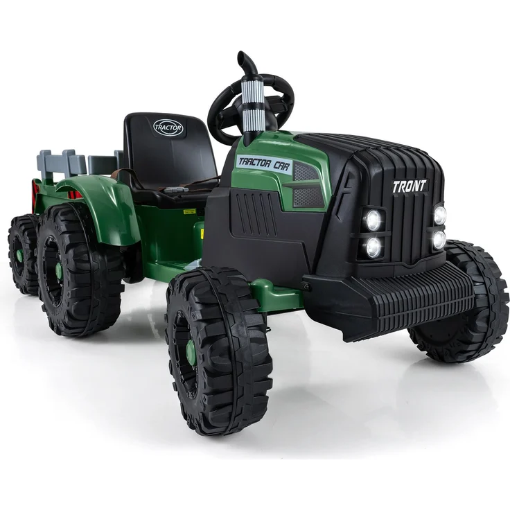 GOPLUS 24V Elektrischer Traktor mit Anhänger, Elektrofahrzeug mit Fernbedienung, LED-Licht, Musik & Bluetooth, für Kinder 3-8 Jahre