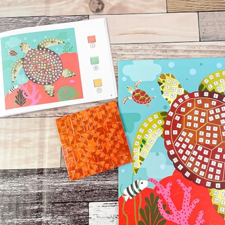 DJECO Kreativset Bastelpackung Mosaike Karibik Meerestiere, 4 illustrierte Vorlagen mit bunten Metallic-Mosaiksteinen, ab 5 Jahre – Bild 4
