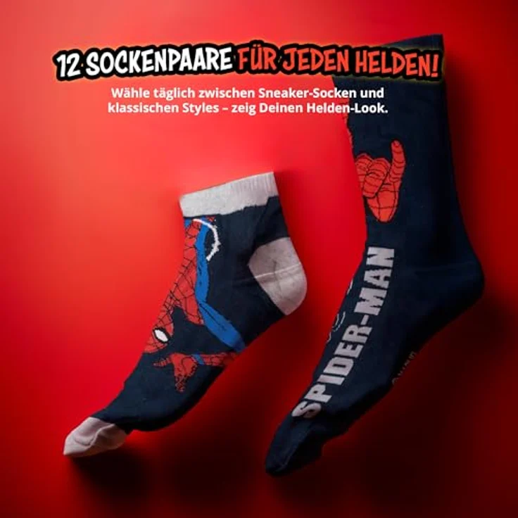 United Labels Marvel Spiderman Adventskalender mit 12 Paar Socken Größe 40-45 für Herren, Weihnachtskalender mit Sneakers und langen Socken, Spiderman Motiv – Bild 4