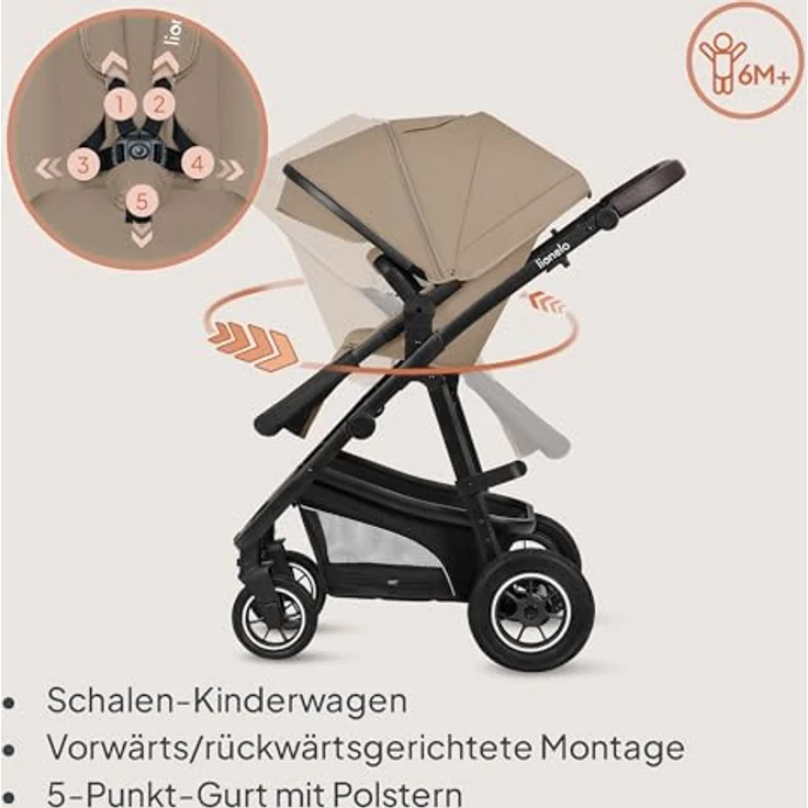 Lionelo Bianka 3-in-1 Kinderwagen, Beige Sand mit ADAC-zertifiziertem Kindersitz und doppelter Stoßdämpfung – Bild 5