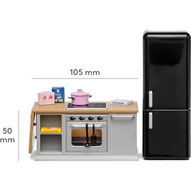 Lundby Puppenhausmöbel Herd und Kühlschrank-Set, 9-teilig in Grau und Schwarz mit LED-Beleuchtung und Küchenaccessoires – Bild 4