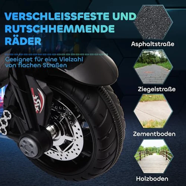 HOMCOM Elektro Kindermotorrad, Elektromotorrad mit Musik und Scheinwerfer, 3 km/h, für Kinder 3-5 Jahre, max. 25 kg, Schwarz+Weiß – Bild 5