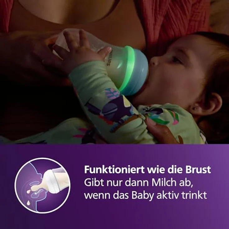 Philips Avent Natural Response Set für die Nacht, 260 ml Babyflasche mit mittlerer Durchflussrate (Mittel 3), leuchtender Ring für Dunkelheit, ultra soft Schnuller mit Motiv müdes Faultier, SCD838/17 – Bild 2