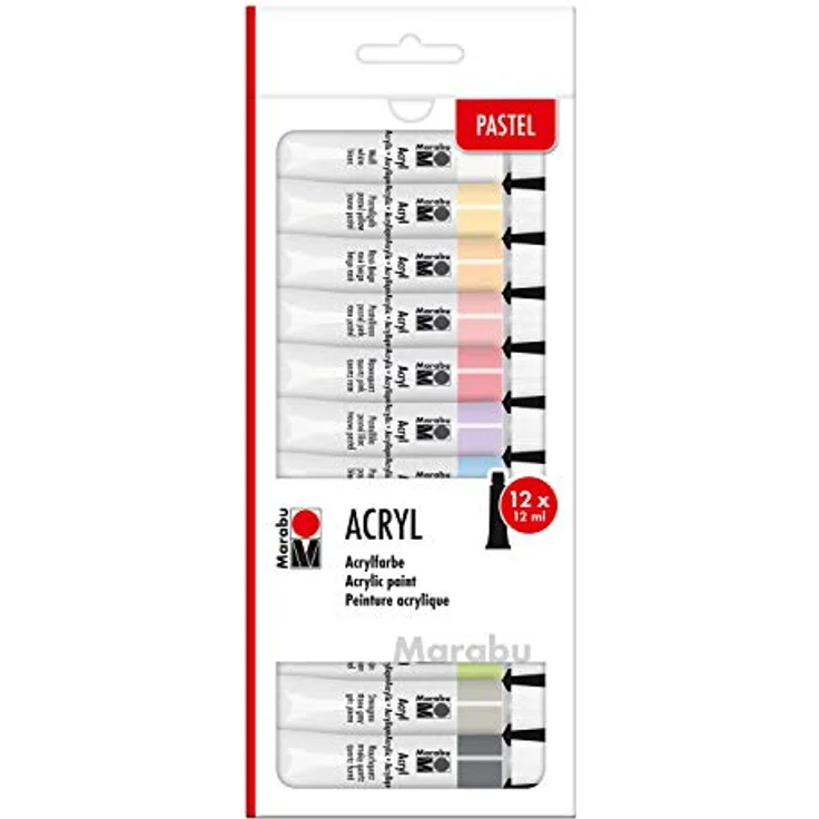 Marabu Acrylfarbenset 12 Pastellfarben, 12 x 12 ml, deckend, matt glänzend, schnell trocknend auf Wasserbasis, für Keilrahmen, Papier und Holz geeignet – Bild 1