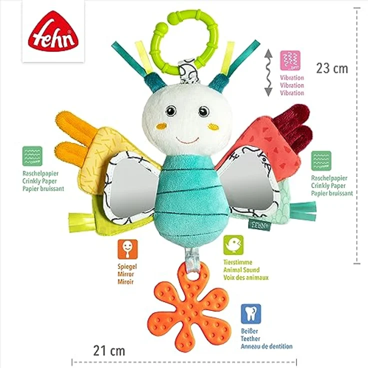 Fehn Activity-Schmetterling – Motorikspielzeug für Kinderwagen, Kinderbett & Babyschale – zum Beißen, Greifen, Geräusche erzeugen – für Babys & Kinder ab 3+ Monaten – Bild 5