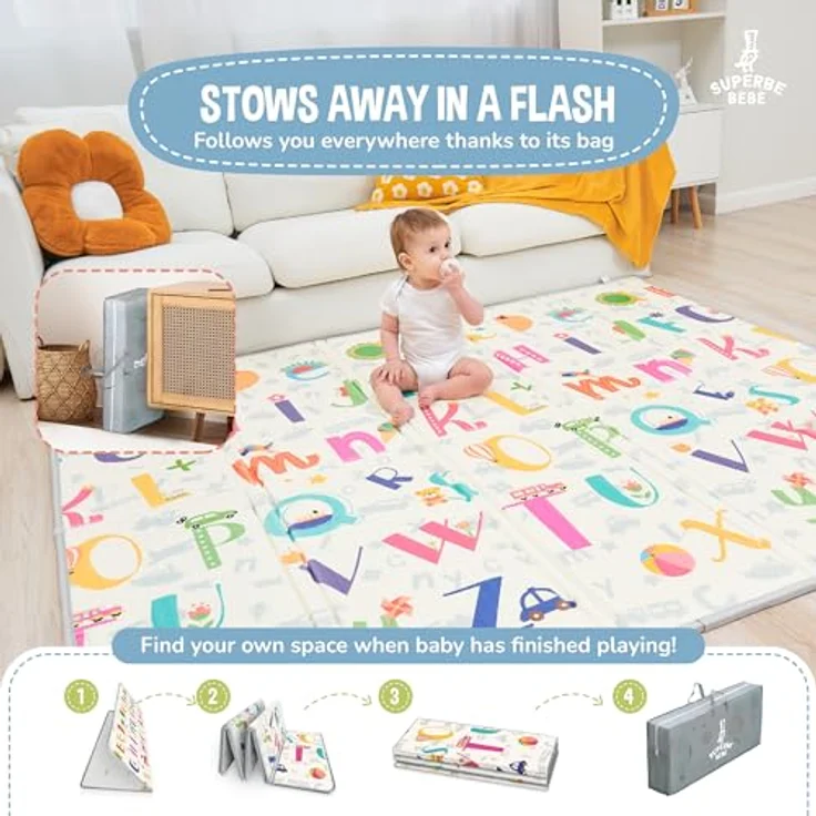 SUPERBE BEBE Krabbelmatte Faltbar 150x180 cm, Ökologisch, Wasserfest, Antirutsch, Umkehrbar mit pädagogischem Design für Kinder - Spieldecke und Aktivitätsmatte – Bild 3