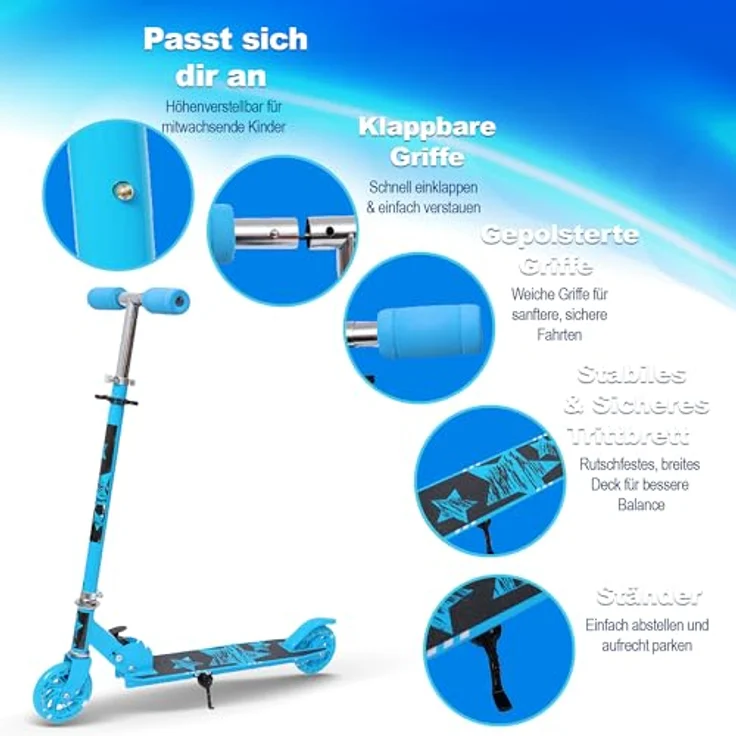 Habib Gruppe Kids Scooter, Mitwachsender Tretroller mit LED-Rädern, klappbar, 4-stufig höhenverstellbar für Kinder 3-10 Jahre, Blau – Bild 2