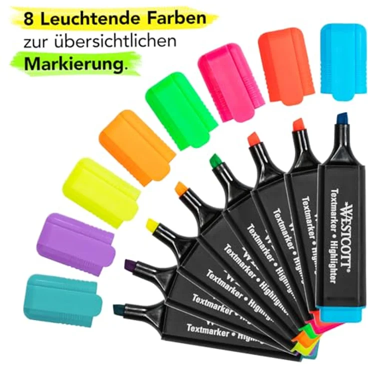 WESTCOTT Textmarker, Farbsortiert 8 St., Lichtresistente, schnell trocknende Tinte, ergonomischer Griff, Keilspitze 2,0 - 5,0 mm – Bild 2