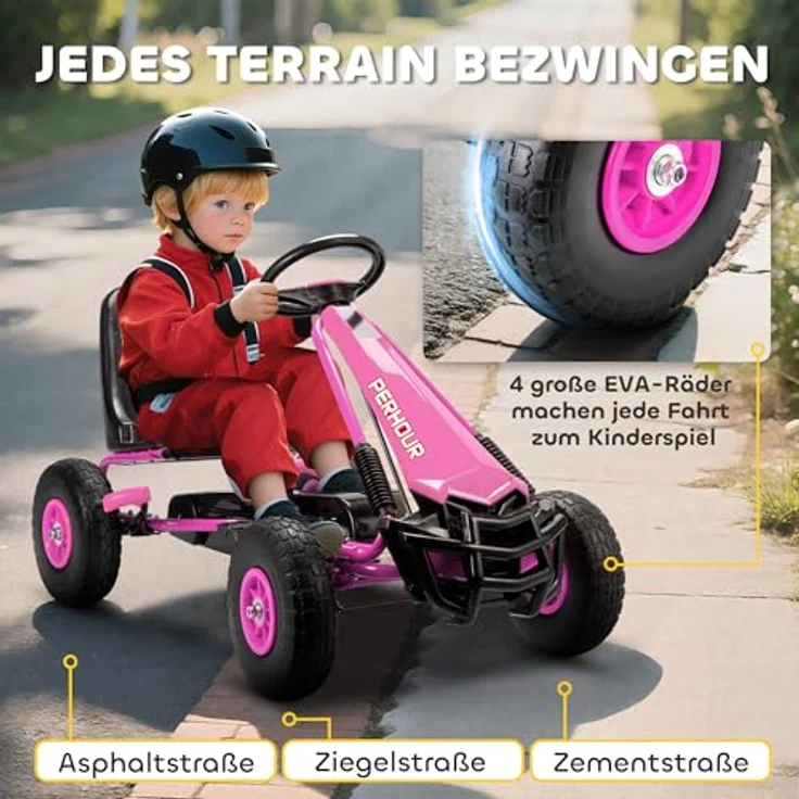 AIYAPLAY Go-Kart Tretauto, mit Handbremse und verstellbarem Sitz, für Kinder 3-8 Jahre, rosa, Pedalantrieb – Bild 5