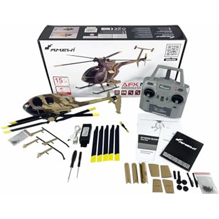 Amewi 25336 AFX MD500E Militär brushless 4-Kanal 325mm Helikopter 6G RTF braun, Scale 5-Blatt Rotorkopf, Brushless Haupt- und Heckmotor, Auto-Start und Auto-Landing – Bild 2
