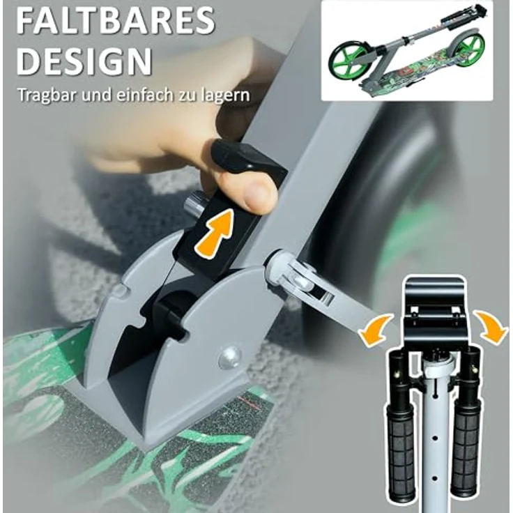 AIYAPLAY Kinderroller Klappbar mit Verstellbare Lenkerhöhe, Stoßdämpfende Vordergabel, Hinterradbremse, für Kinder ab 6-12 Jahren, Grün – Bild 7