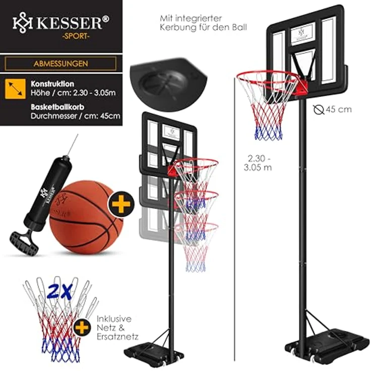 KESSER® Basketballkorb Premium mit Ständer Rollen Inkl. Basketball + Pumpe verstellbare Korbhöhe 230 bis 305 cm höhenverstellbar Korbanlage Outdoor komplett Basketballanlage für Erwachsene Kinder Schwarz - Preisvergleich – Bild 7