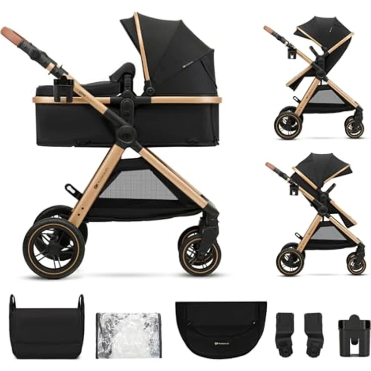 Kinderkraft ESME 2-in-1 Kinderwagen, bis 25 kg, Babywanne & Sportsitz, Travel System mit Adaptern, große gefederte TPE-Räder, kompakt faltbar, Schwarz – Bild 1