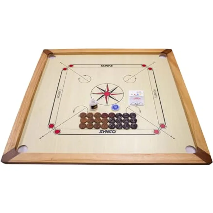 GICO Carrom Board Turnier Synco 74x74 - Hochwertiges Spielbrett mit Gleitpulver und Transporttasche