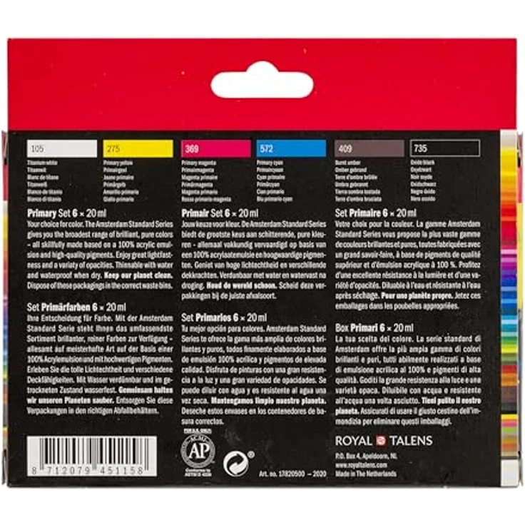 Amsterdam Standard Series Acrylfarben Set, Farbtheorie Mischset mit 6 x 20 ml Tuben, Grundfarben + Schwarz, Weiß & Umber – Bild 2