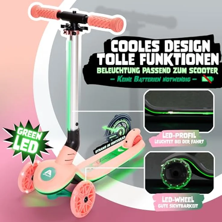 Apollo Whizzie LED Kinderroller, höhenverstellbarer Dreiradscooter für Kinder ab 3 Jahre, leuchtende LED-Räder, bis 60 kg belastbar – Bild 2