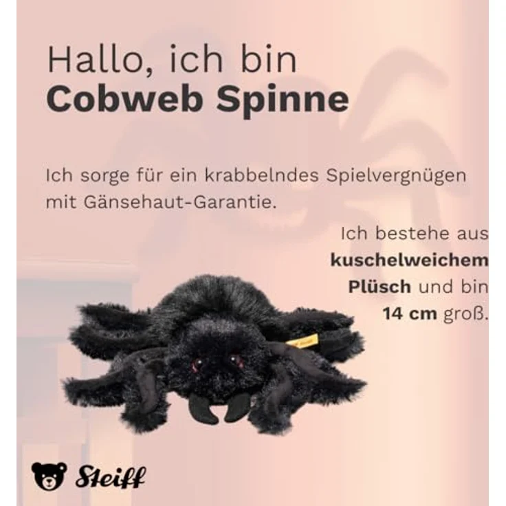 Steiff Spinne Cobweb, schwarzes Kuscheltier mit 14 cm, ideal für Halloween – Bild 2