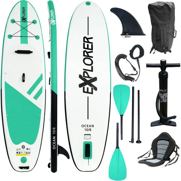 EXPLORER SUP-Board Ocean 10‘8“ Aufblasbares Stand Up Paddle Set, 325x84x15cm, 150kg Tragkraft, inkl. Kajaksitz und Zubehör