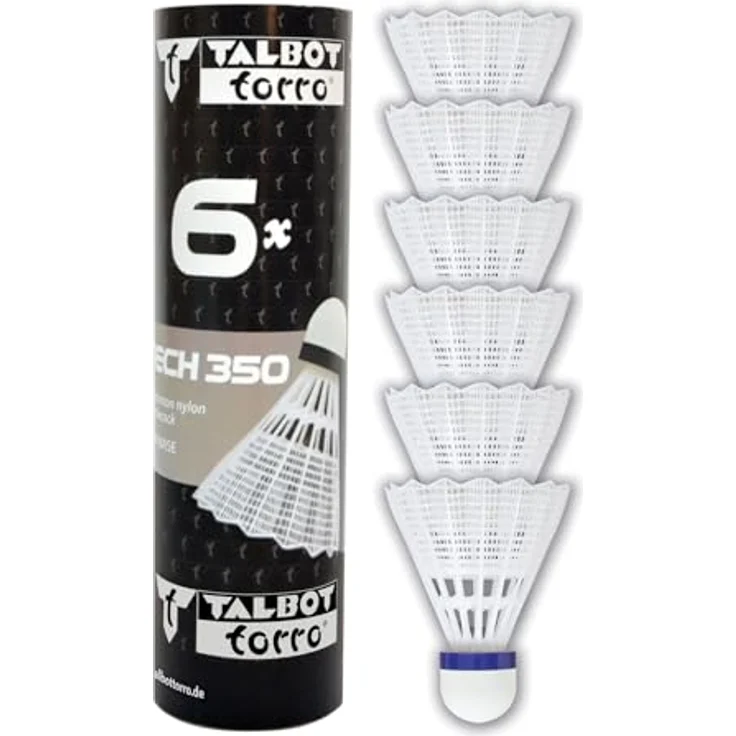 Talbot-Torro® Badminton Ball Tech 350, Nylonfederball in Weiß, 6er Dose, Geschwindigkeit: Blau/Medium, ideal für Freizeit, Training und Schulsport, Indoor & Outdoor – Bild 1