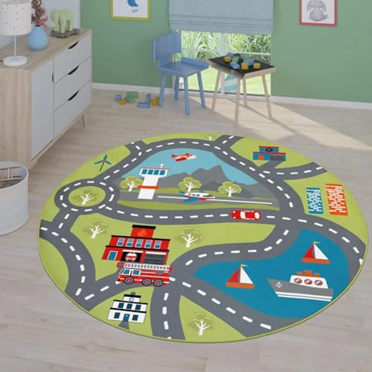 TT Home Kinderzimmerteppich, rutschfester Teppich für Junge und Mädchen, rund 200 cm, grün, maschinell gewebt aus 100% Polyester, STANDARD 100 by OEKO-TEX – Bild 1