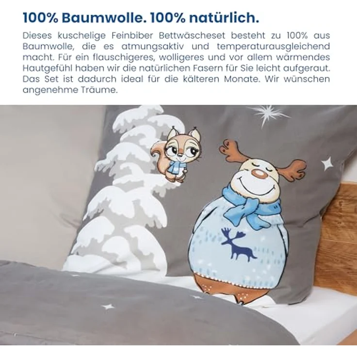 Schiesser Feinbiber Bettwäsche Set Kitta mit coolem Winter-Print, Farbe:Grau und Hellblau, Größe:135 cm x 200 cm – Bild 3