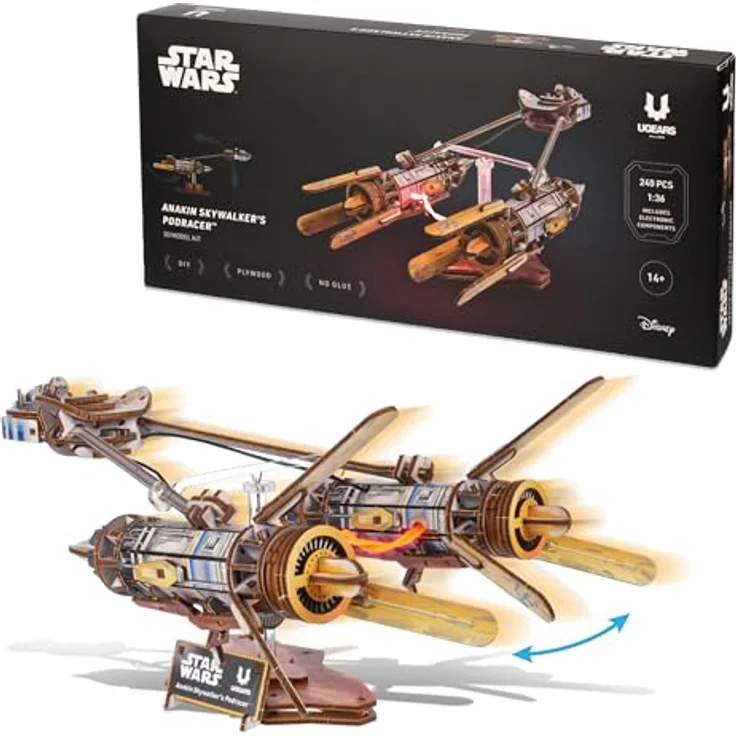 UGEARS Anakin Skywalker's Podracer 3D Puzzle, Holzmodellbau mit LED-Beleuchtung und beweglichem Sockel, für Erwachsene, Star Wars-Design – Bild 1
