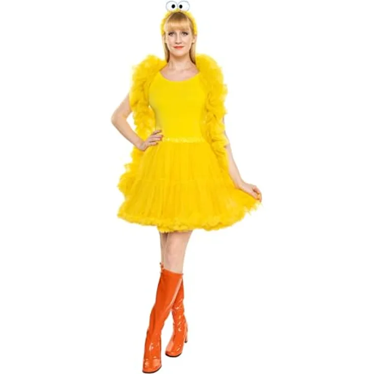 Maskworld Die Sesamstrasse Bibo Tutu - Kostüm für Fasching, mehrlagiges gelbes Tutu mit Chiffon-Schal und Haarreif mit Kulleraugen, One Size