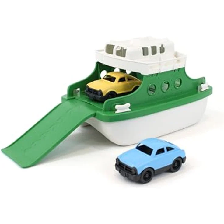 Green Toys Fähre mit Fahrzeugen, Spielboot aus 100% recyceltem Kunststoff, grün weiß – Bild 1