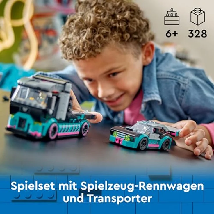 LEGO City Autotransporter mit Rennwagen, LKW-Spielzeug mit Verstellbarer Laderampe und Renn-Auto, Bauset mit 2 Minifiguren, Rennfahrer und LKW-Fahrer, Kinder ab 6 Jahren 60406 – Bild 2