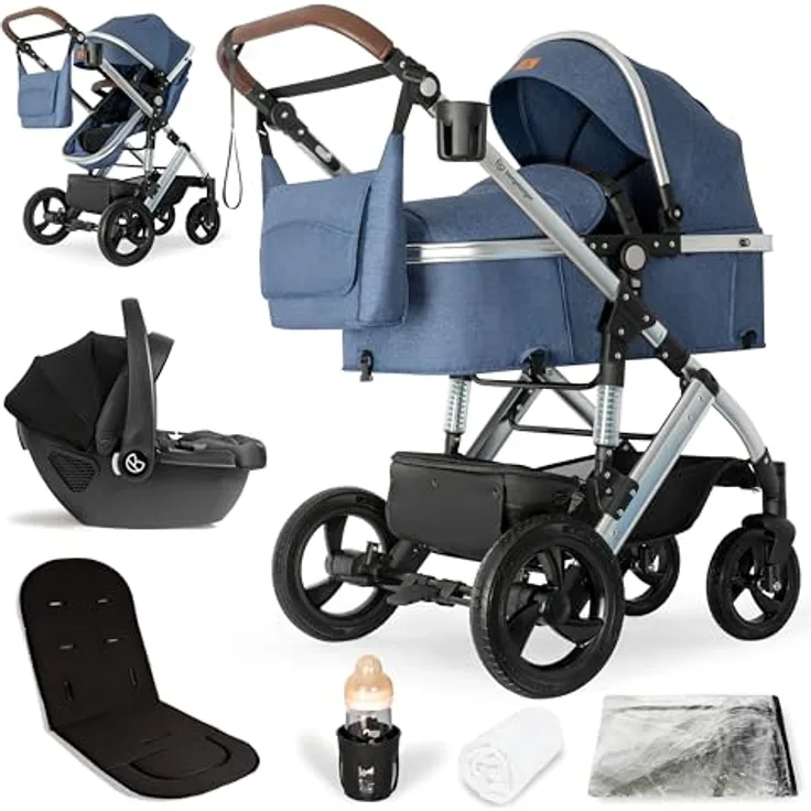 Bergsteiger Nizza 3 in 1 Kinderwagen, Kombikinderwagen Komplettset, Auto-Babyschale, Babywanne & Buggy Sportsitz inklusive, Isofix Station optional, grau