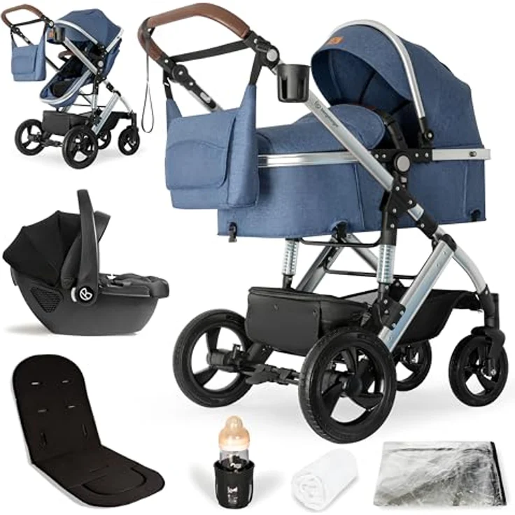 Bergsteiger Nizza 3 in 1 Kinderwagen, Kombikinderwagen Komplettset, Auto-Babyschale, Babywanne & Buggy Sportsitz inklusive, Isofix Station optional, grau – Bild 1