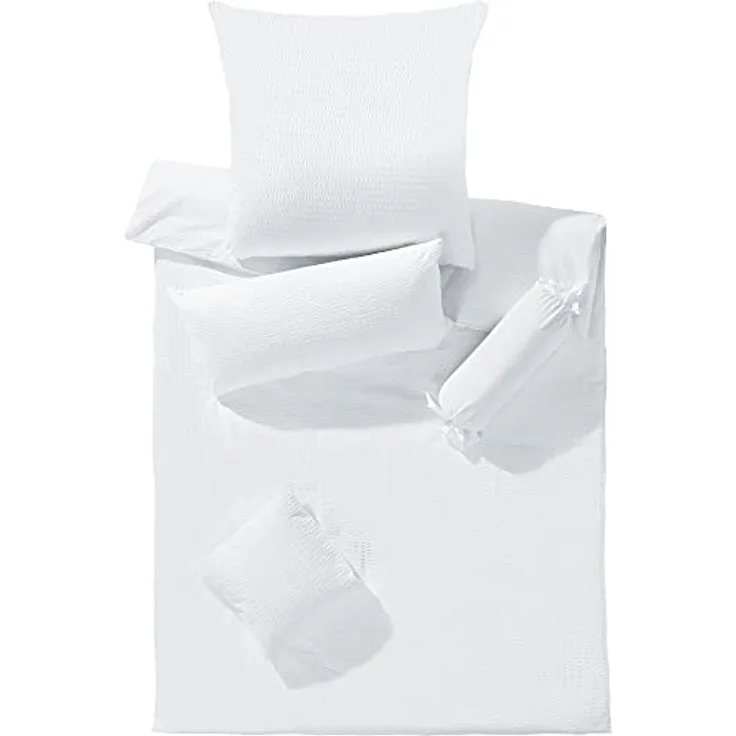 Erwin Müller Bettwäsche-Set Seersucker Uni Serie Rosenheim, Bettbezug, Kissenbezug - pflegeleicht, bügelfrei, mit Reißverschluss - weiß Größe 135x200 cm (80x80 cm)