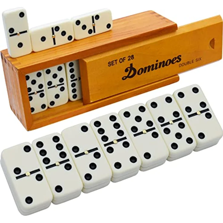 Queensell Domino-Set für Erwachsene, Doppel-6 Brettspiel mit 28 robusten Elfenbeinsteinen und brauner Holzkassette, für 2-4 Spieler – Bild 1
