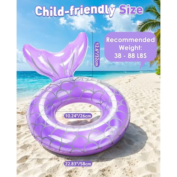 HeySplash Aufblasbarer Schwimmring im Meerjungfrau-Design, PVC Schwimmreifen für Kinder/Erwachsene, lila, geeignet für 38-88 lbs – Bild 2