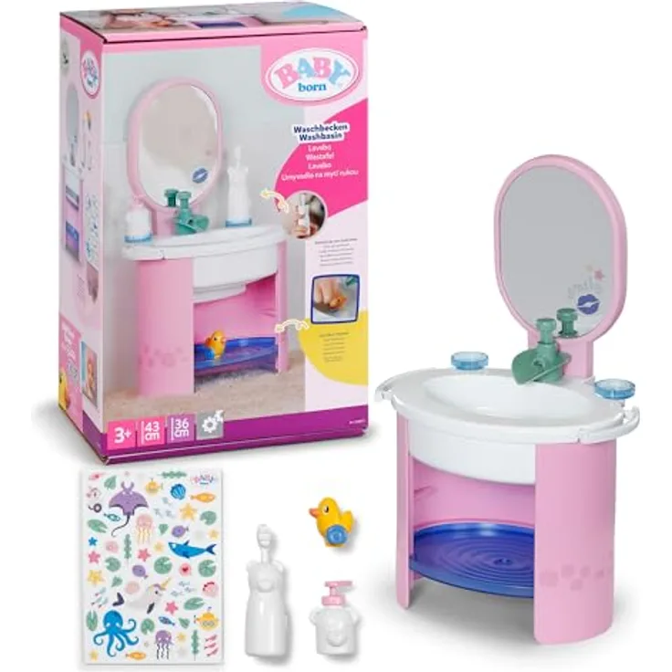 BABY Born Handwaschbecken, Puppenwaschtisch mit Wasserfunktion, inkl. Zahnbürste und Seifenspender, passend für 36cm und 43cm Puppen, farbenfrohe Unterwasserwelt-Sticker