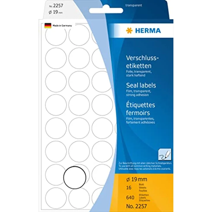 HERMA 2257 Verschlussetiketten transparent rund, 16 Blatt, Ø 19 mm, 40 pro Bogen, 640 Aufkleber, selbstklebend, Siegel Etiketten zum Beschriften, Punktaufkleber aus Folie blanko – Bild 3