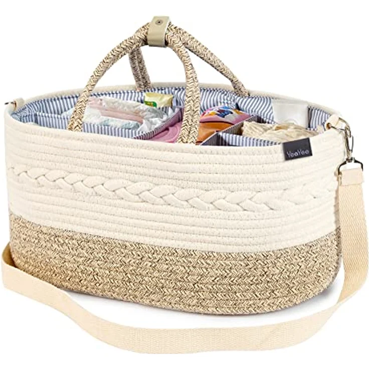 YeaYee Baby Windel Caddy Organizer, Multifunktionale Aufbewahrungsbox mit 5 wechselbaren Fächern, 100% Baumwoll-Leinen, tragbarer Aufbewahrungskorb für Windeln, geschlechtsneutrales Design – Bild 1