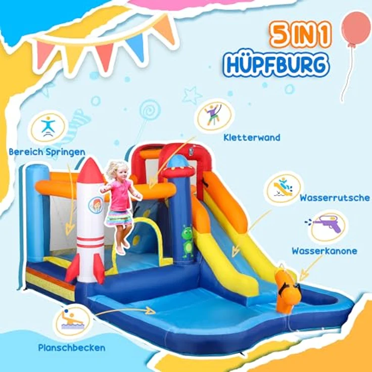 AIYAPLAY Hüpfburg mit Gebläse, 5-in-1 Wasserpark mit Rutsche, Planschbecken, Kletterwand, Sprungbereich, Wasserkanone, für Kinder 3-8 Jahre, 360 x 250 x 195 cm – Bild 3