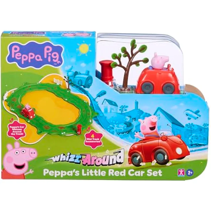 Peppa Pig Whizz Around Peppas kleines rotes Auto-Set, motorisiertes Fahrzeug mit 8 Stück Straßenaufbau und Zubehör für Vorschulkinder