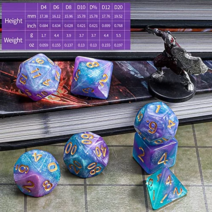 QMAY DND Dice Polyedrisches Würfel Set, 7 Stück in Lake Blue Mix Violett mit Glitter, ideal für Dungeon und Dragons MTG RPG D&D (D20, D12, D10, D%, D8, D6, D4) – Bild 4