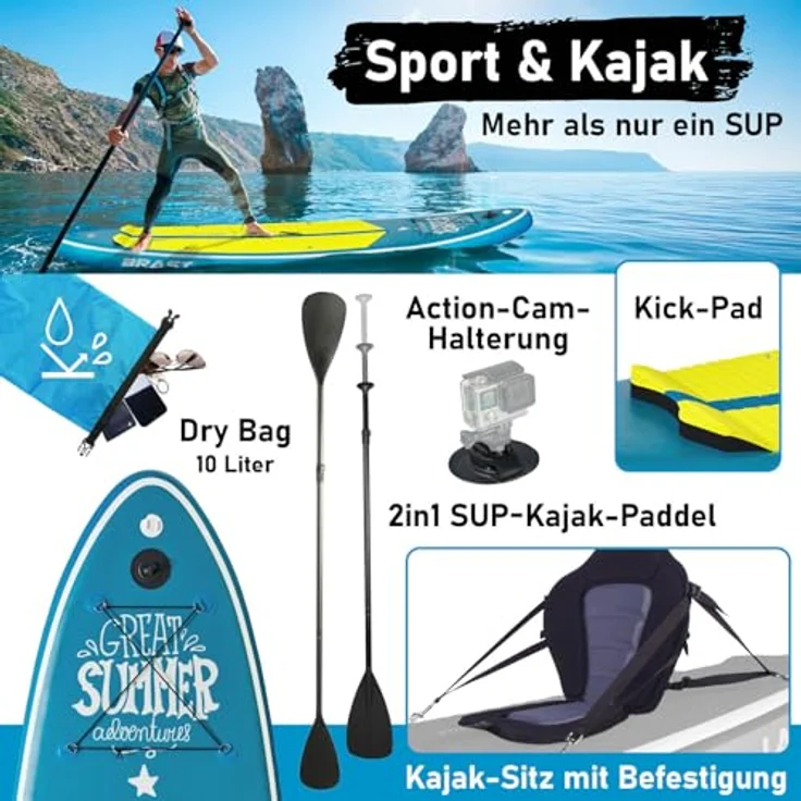 BRAST SUP Board mit LEDs, aufblasbares Stand Up Paddling Set 320x81x15cm, 10 Farben LED-Beleuchtung, 5 Jahre Garantie, inkl. 2in1 Paddel Kajak-Sitz, Action-Cam-Halterung, Fußschlaufe – Bild 5