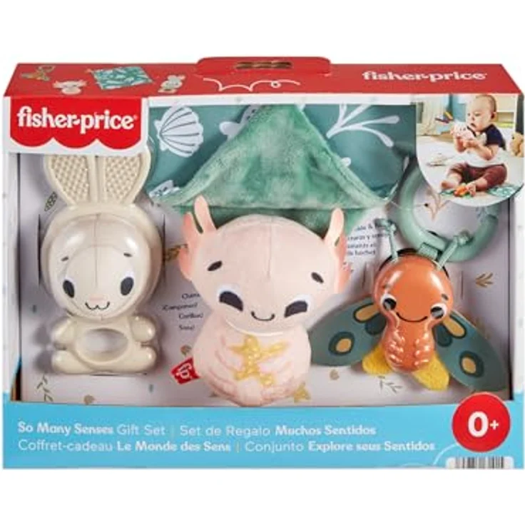 Fisher-Price® Greifspielzeug Geschenkset Sensorische Erlebnisse, 4-teiliges Set mit BPA-freiem Häschen-Beißring, Axolotl, Motten-Rassel und Knittertuch – Bild 6