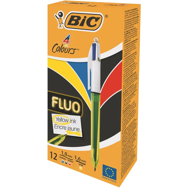 Bic 4 Colours Fluo 933948, Kugelschreiber mit 4 Farben (Grün, Schwarz, Rot, Blau) in der 12er Box