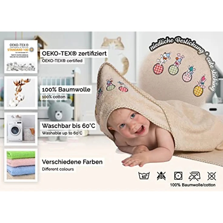 ZOLLNER Baby Kapuzenbadetuch, Kapuzenhandtuch, 100x100 cm, aus 100% Baumwolle, beige – Bild 2