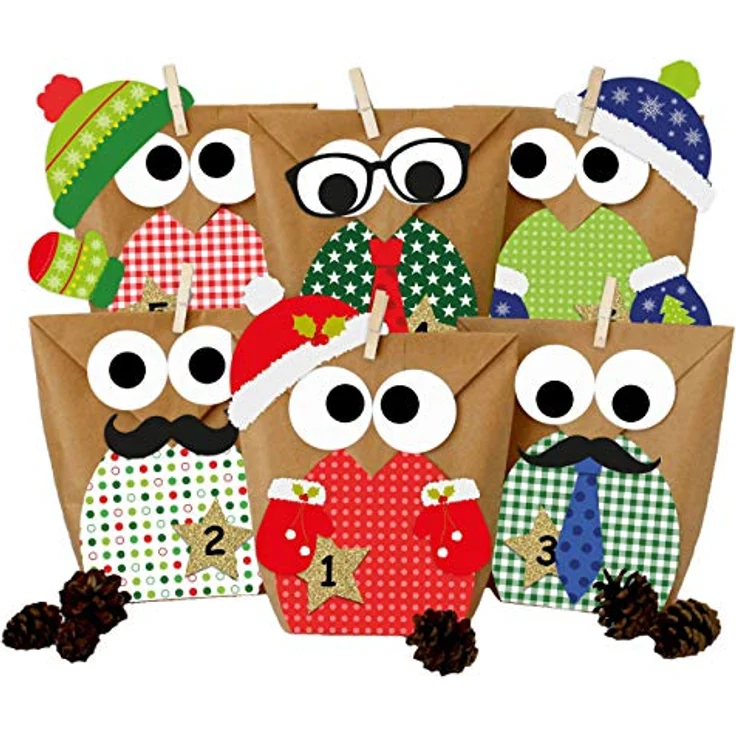 Papierdrachen DIY Adventskalender zum Befüllen - Weihnachtseulen - Eulen Weihnachten - Set Rot mit zusätzlichen Aufklebern - zum selbst basteln - für Kinder – Bild 1